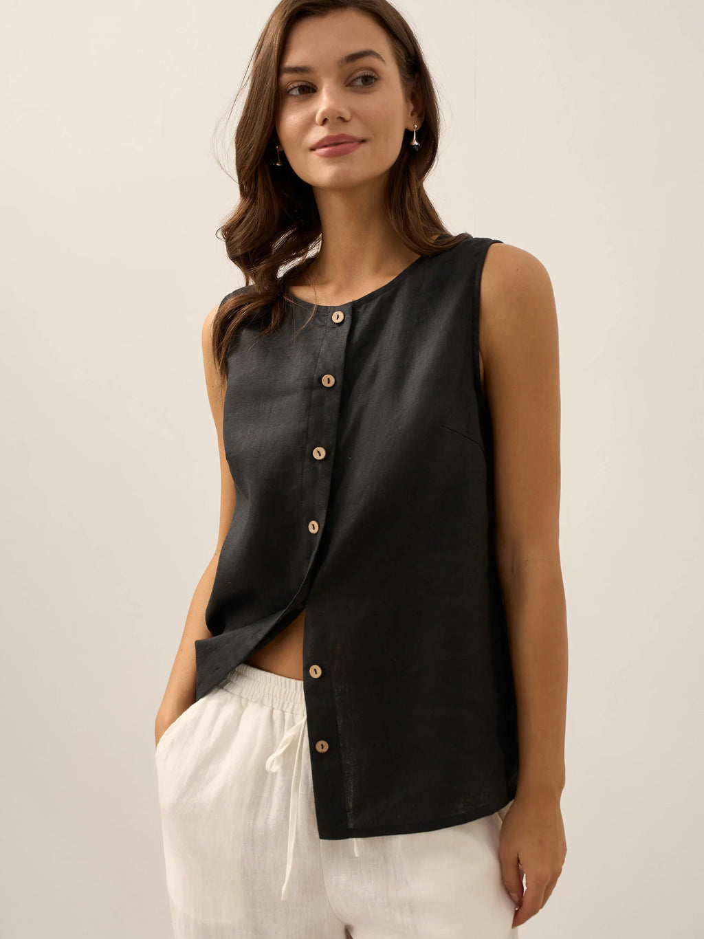100% Linen Sleeveless Button Down Tank Top for Summer