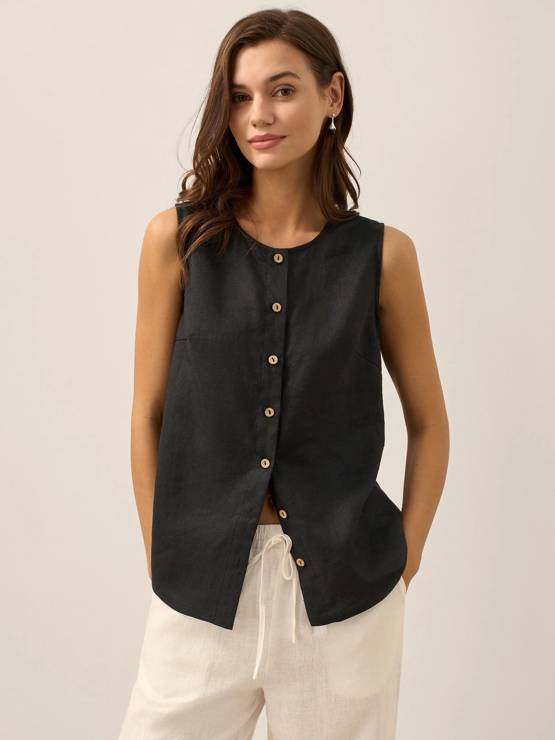 100% Linen Sleeveless Button Down Tank Top for Summer