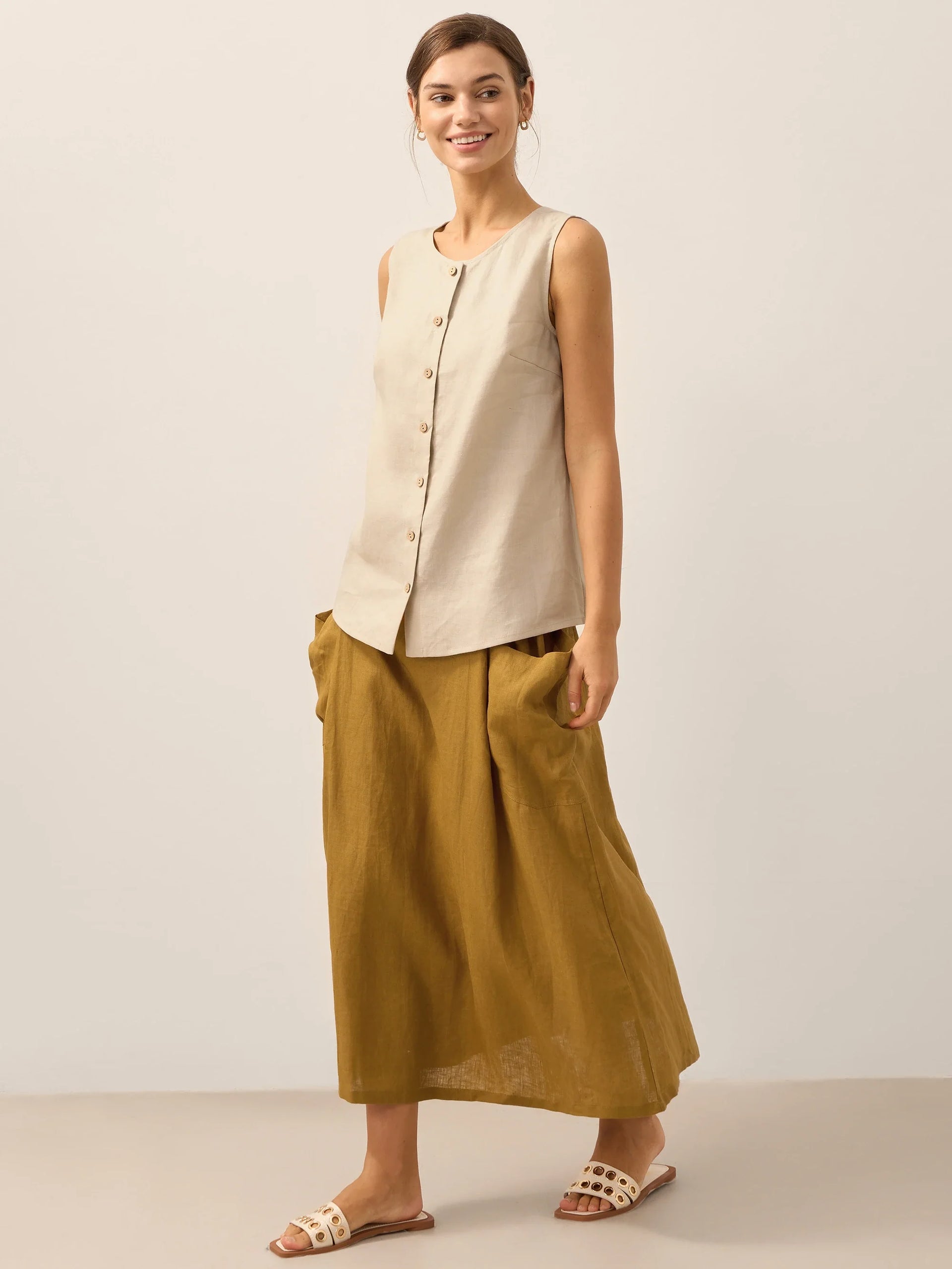 100% Linen Sleeveless Button Down Tank Top for Summer
