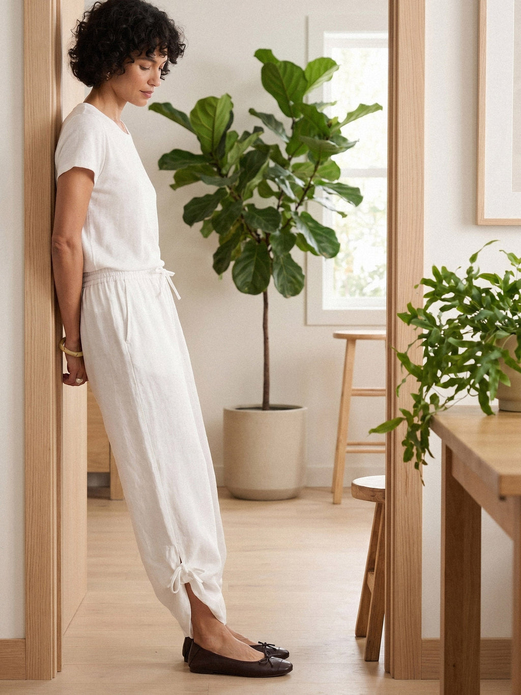 100% Linen Wide-Leg Pants with Convertible Drawstring Hem