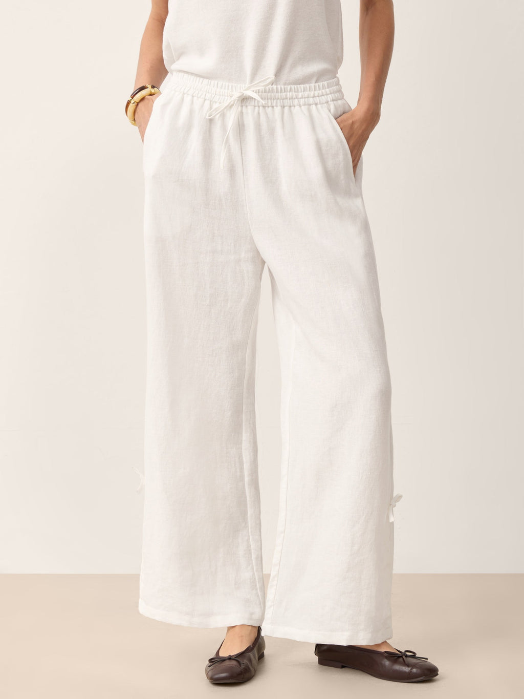 100% Linen Wide-Leg Pants with Convertible Drawstring Hem