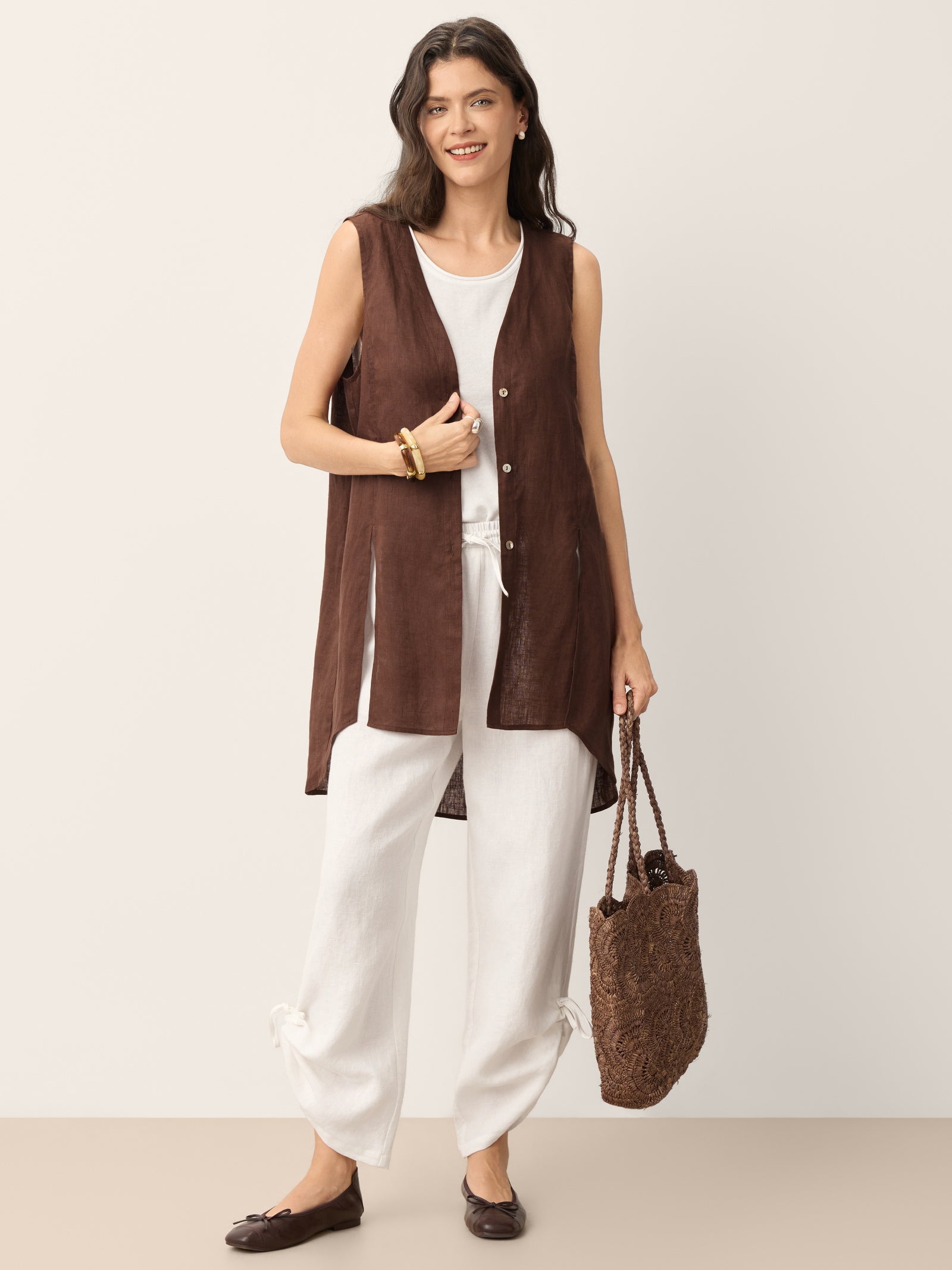 100% Linen Wide-Leg Pants with Convertible Drawstring Hem