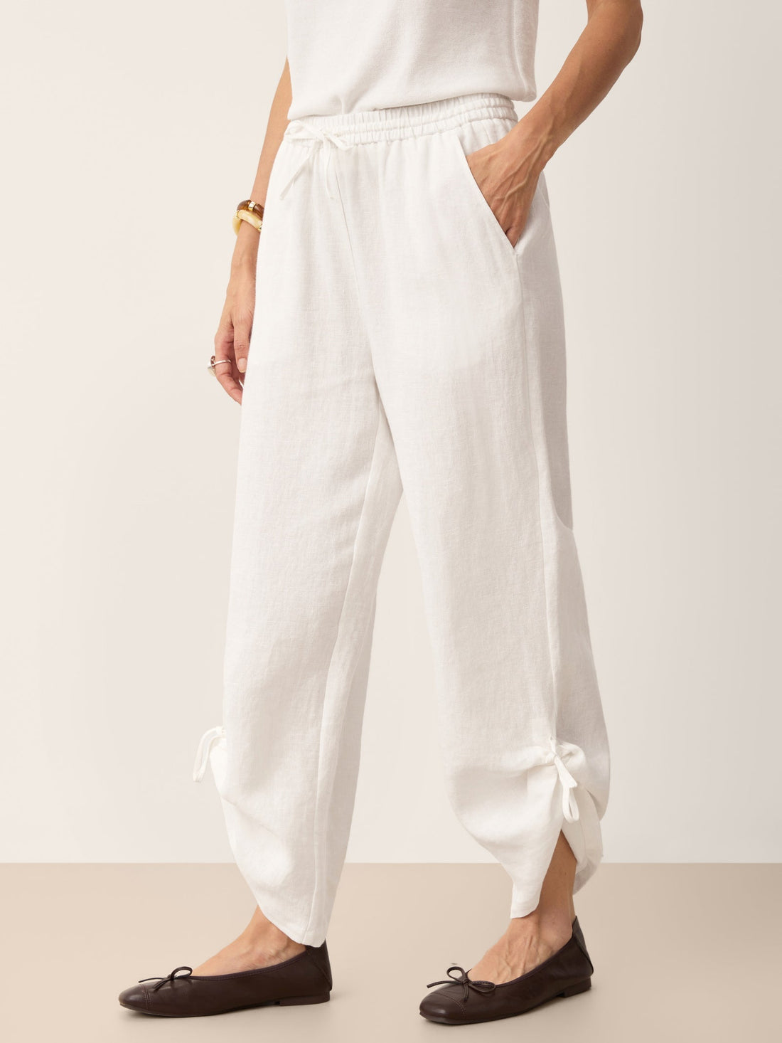 100% Linen Wide-Leg Pants with Convertible Drawstring Hem