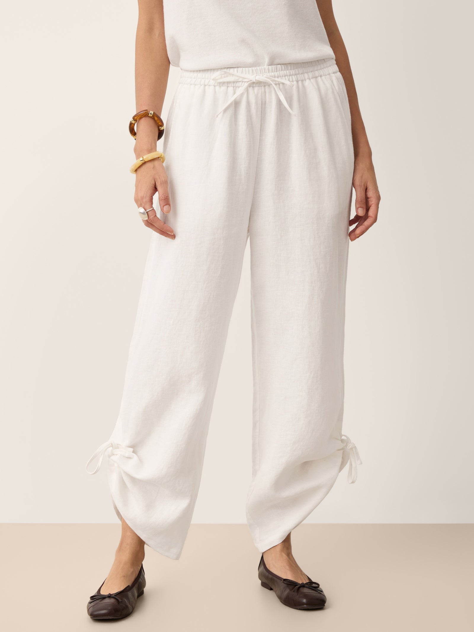 YSELINE 100% Linen Wide-Leg Pants with adjustable side drawstring hems and elasticated waistband