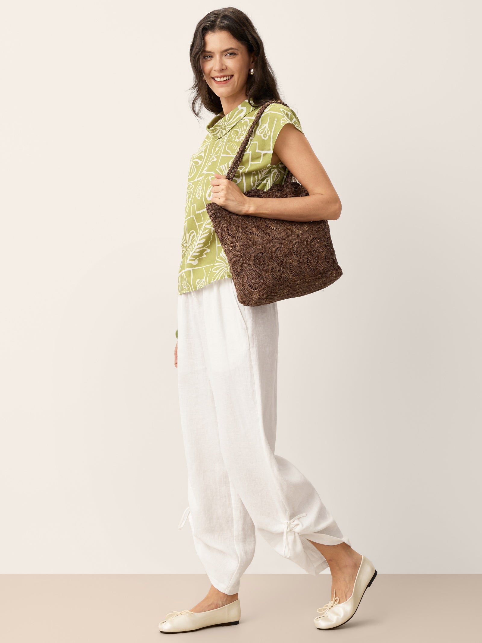 100% Linen Wide-Leg Pants with Convertible Drawstring Hem