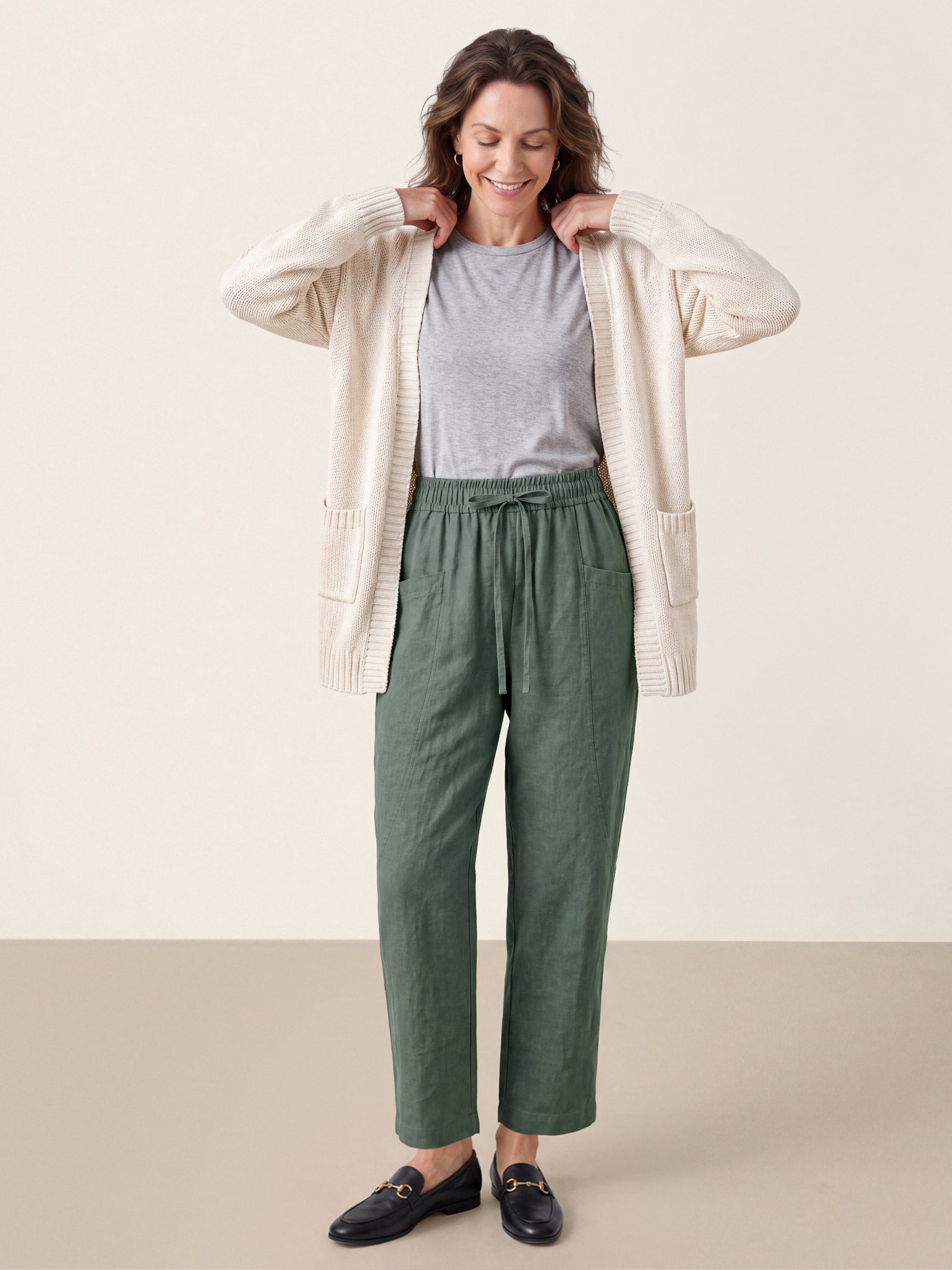 100% Linen Drawstring Utility Ankle Pants AMELINE
