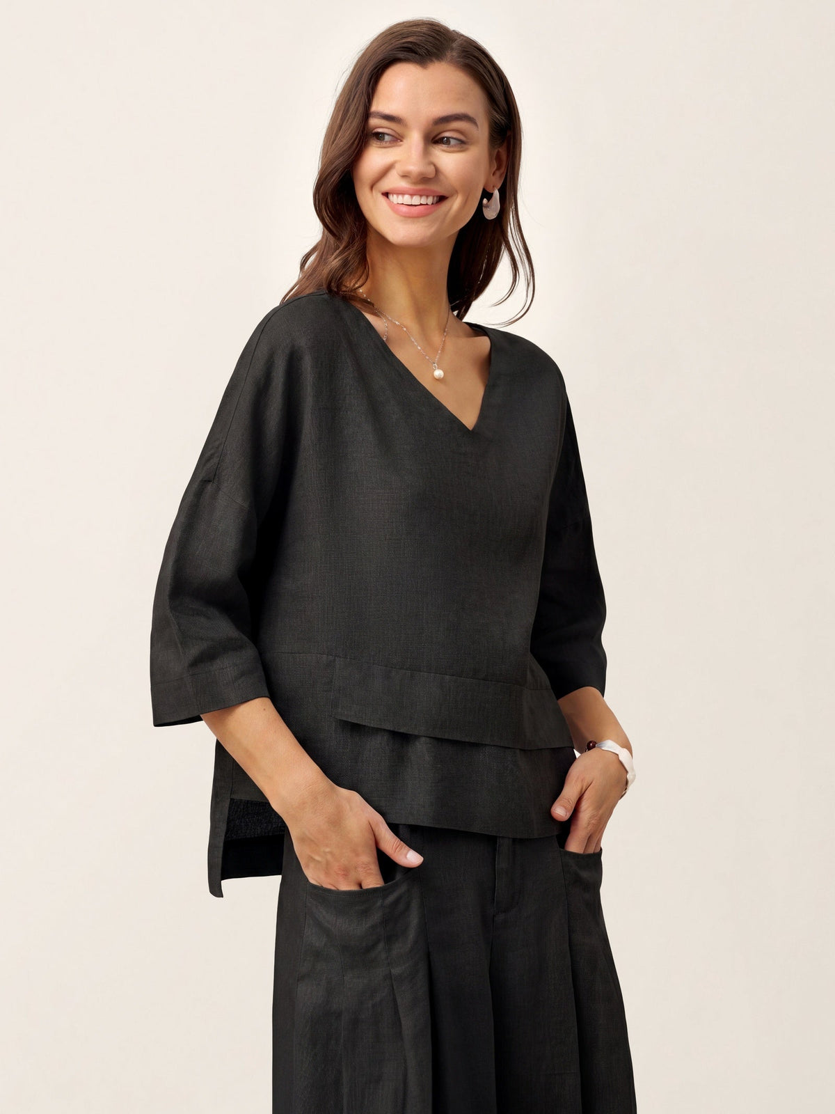 100% Linen Drop Shoulder Asymmetric Layered Hem Overtop VIOLA