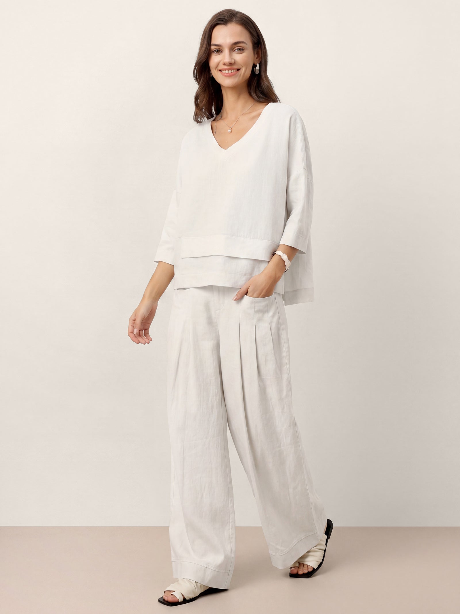 100% Linen Sculpted Pleat Pants with Elasticated Back