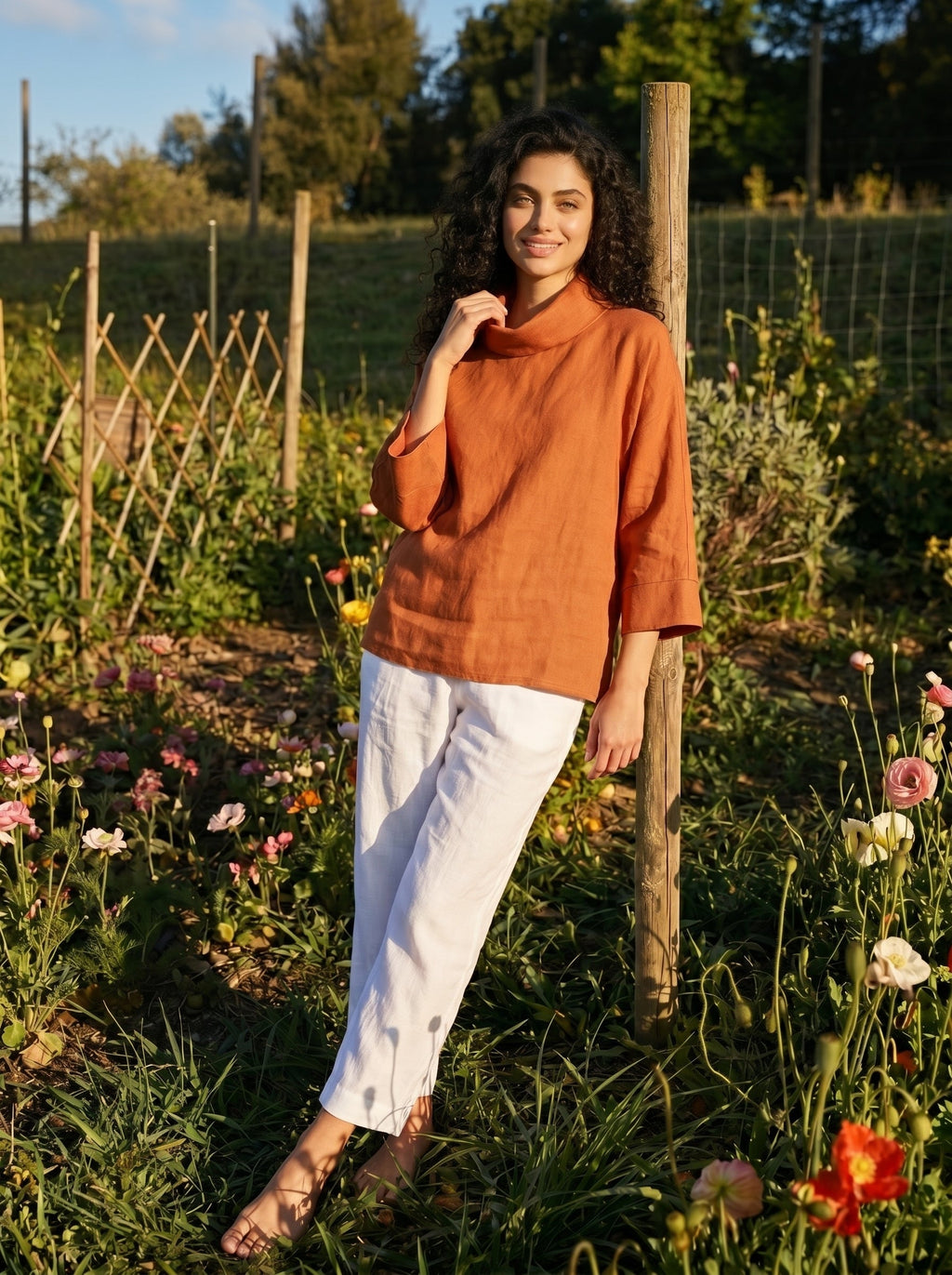 Linen-Cotton Dropped Collar Long-Sleeve Top TRISTAN
