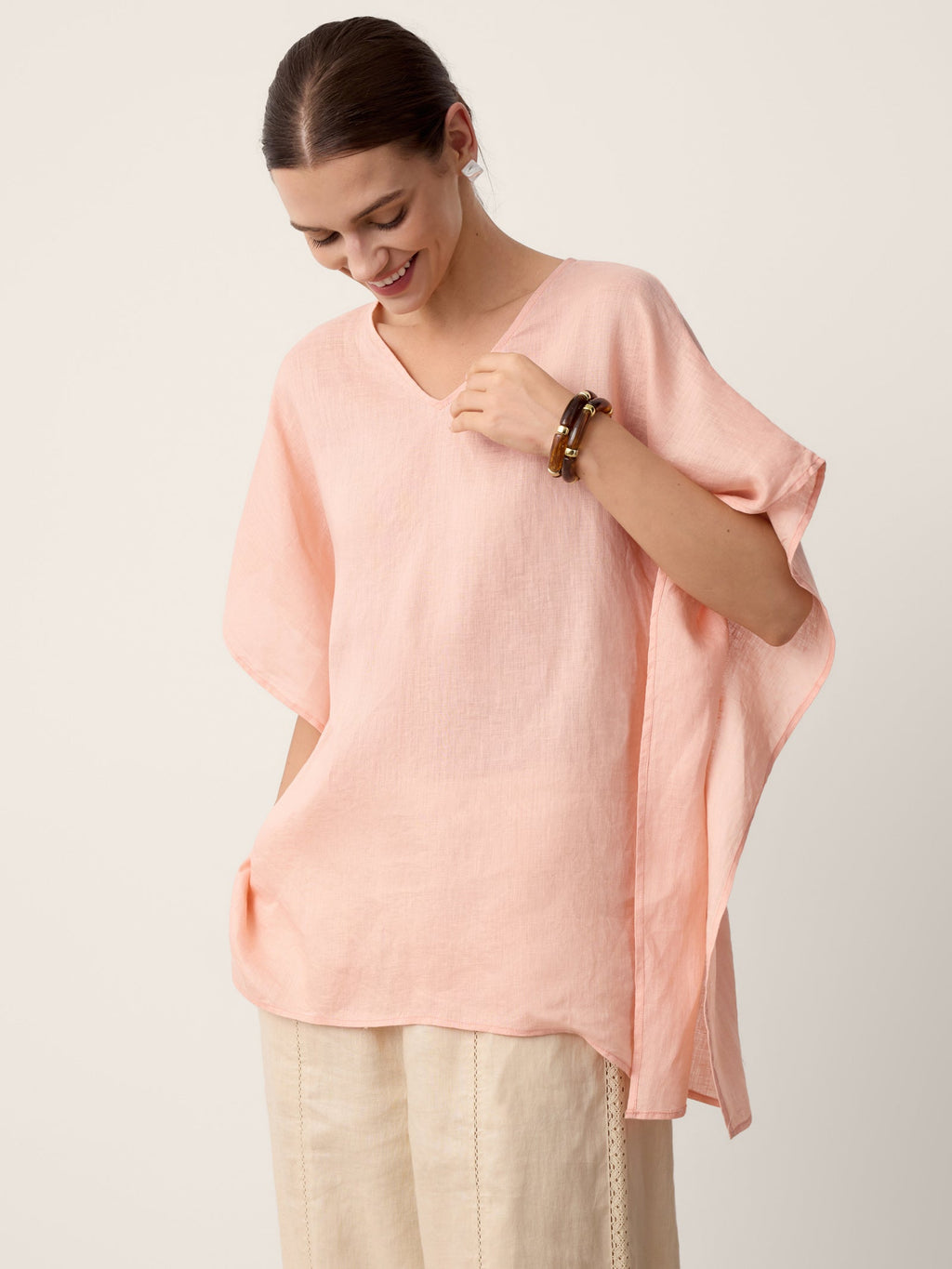 100% Linen Flutter-Sleeve V-Neck Top MARA