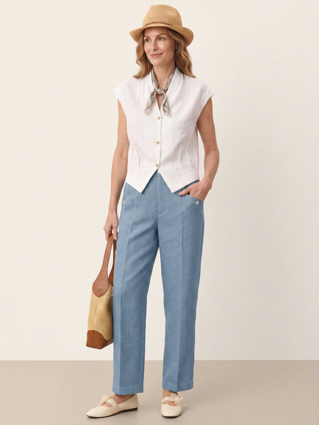 100% Linen Front Pleat Tapered Ankle Pants VIVICA
