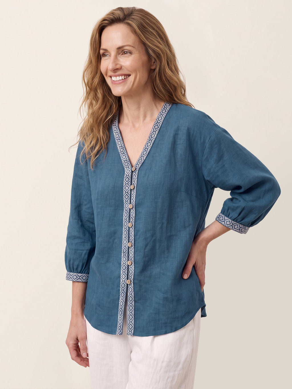 100% Linen Geometric Trim V Neck Shirt SORAYA