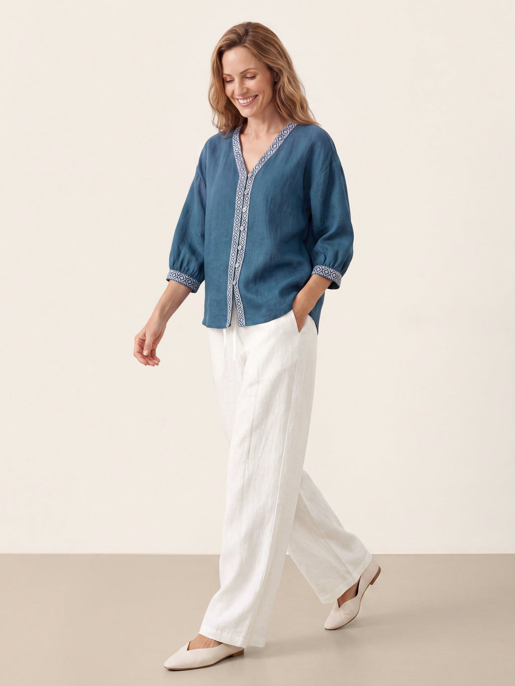 100% Linen Geometric Trim V Neck Shirt SORAYA
