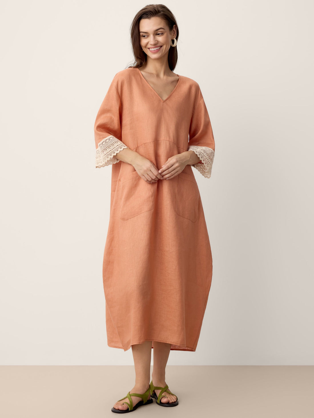 100% Linen Lace-Cuff Cocoon Maxi Dress PETRA