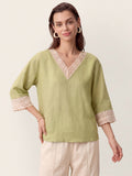 100% Linen Lace-Trim V-Neck Top KEELY