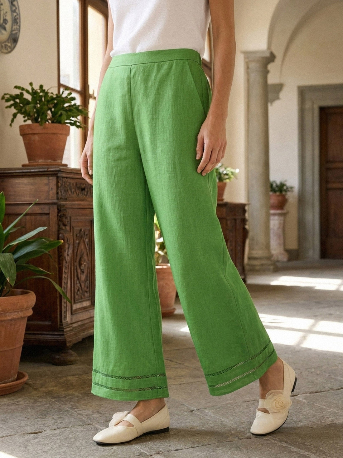 100% Linen Lace Trim Cropped Flare Pants with Elastic Waist