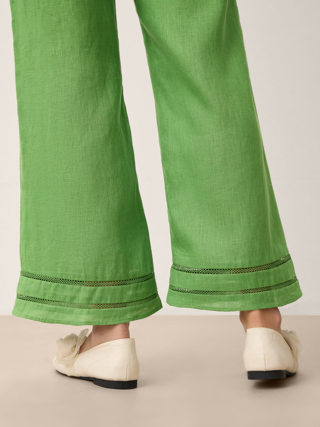 100% Linen Lace Trim Cropped Flare Pants with Elastic Waist