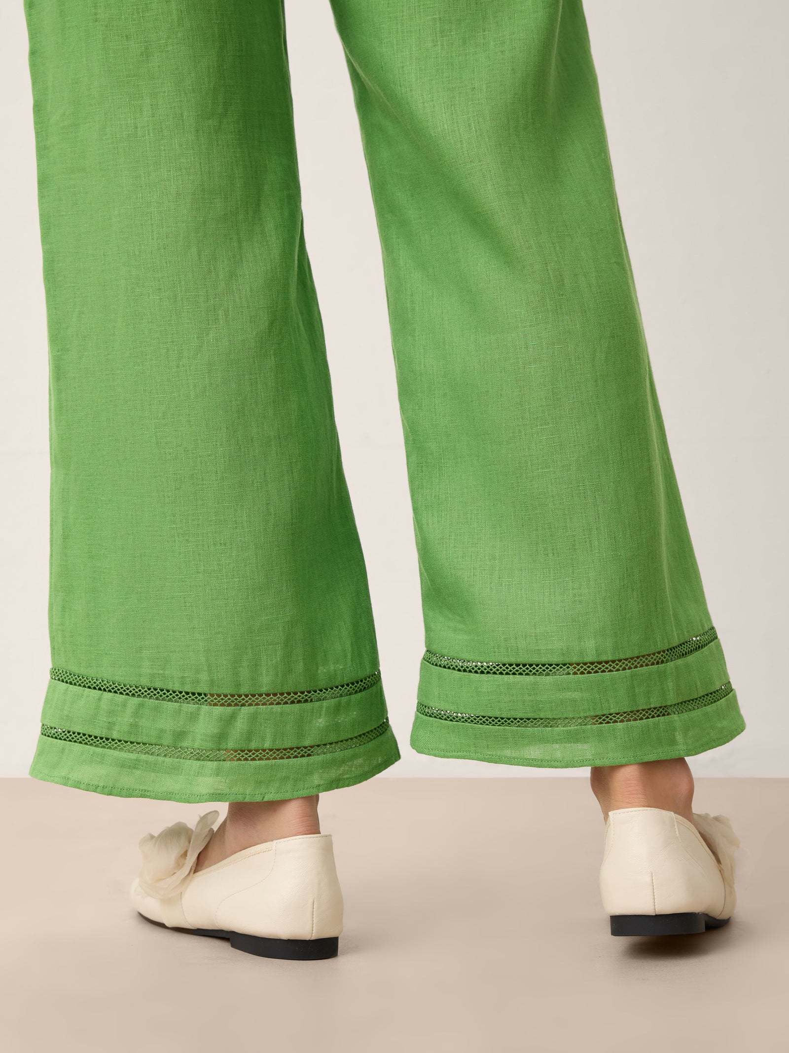 100% Linen Lace Trim Cropped Flare Pants with Elastic Waist
