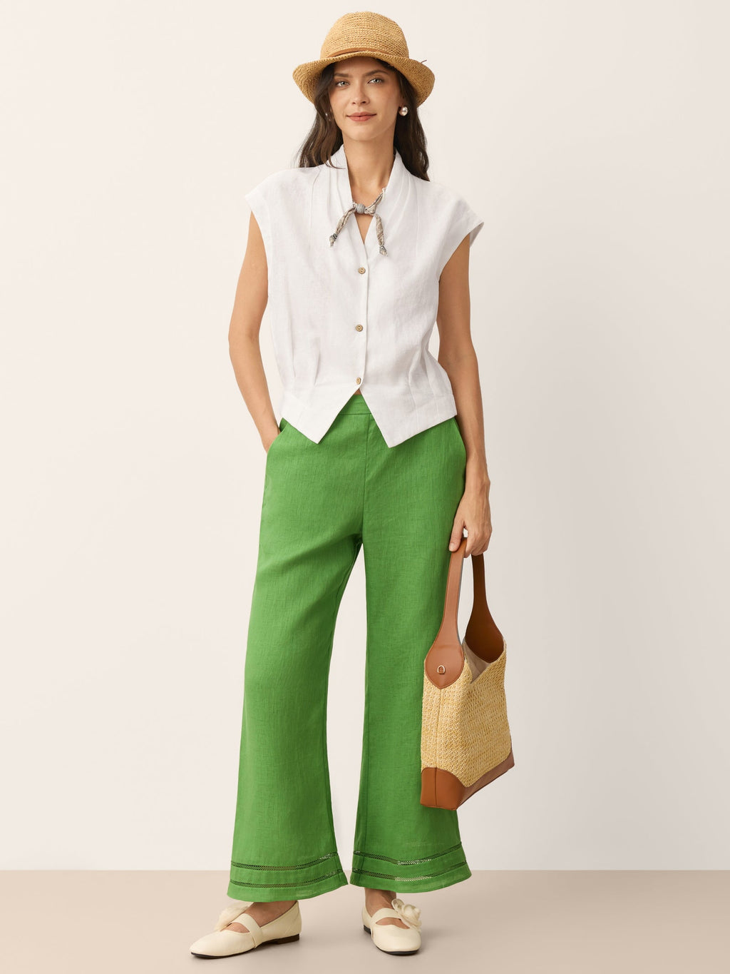 100% Linen Lace Trim Cropped Flare Pants with Elastic Waist