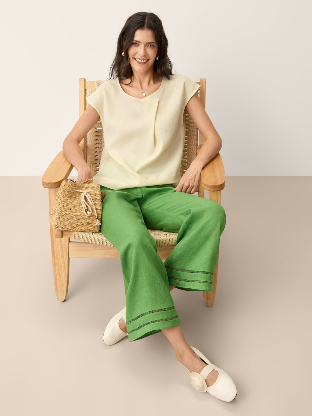 100% Linen Lace Trim Cropped Flare Pants with Elastic Waist