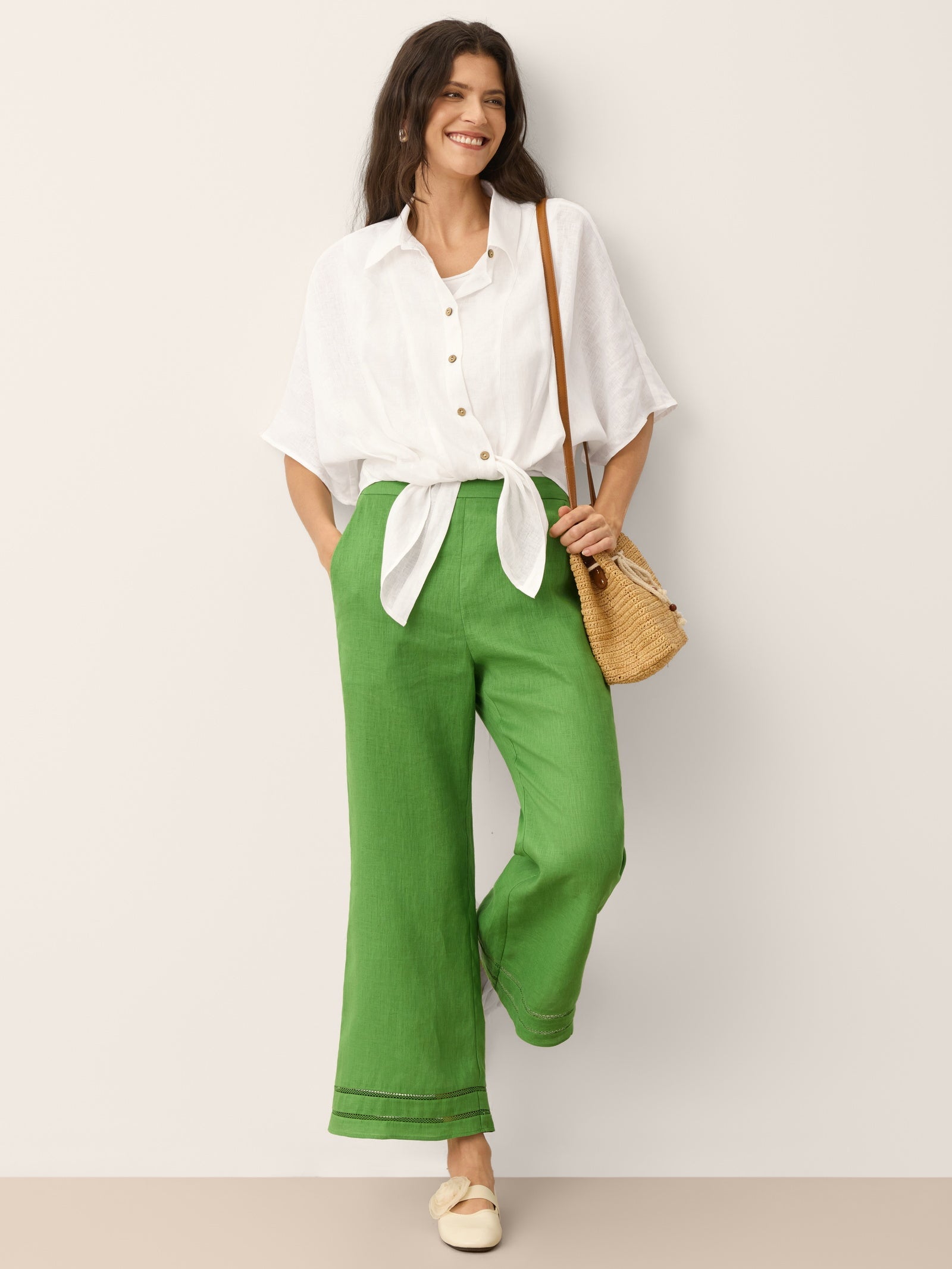 100% Linen Lace Trim Cropped Flare Pants with Elastic Waist