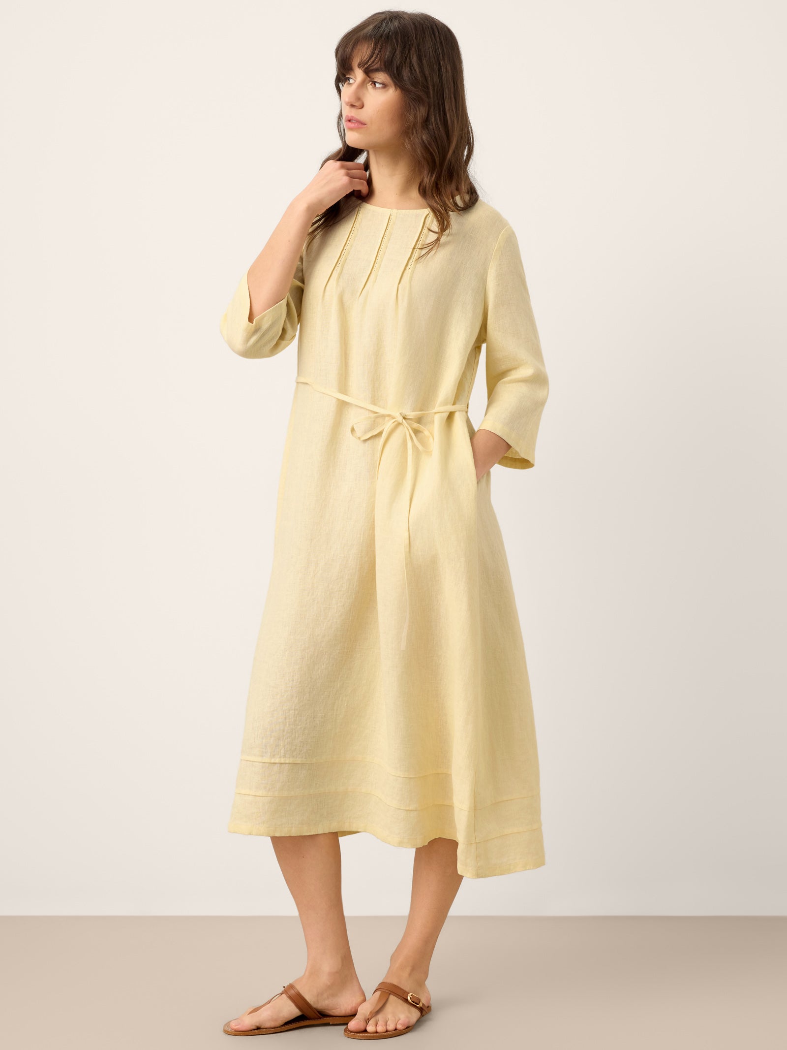 100% Linen Pintucked Embroidered Adjustable Belt Tiered Maxi Dres VERENA