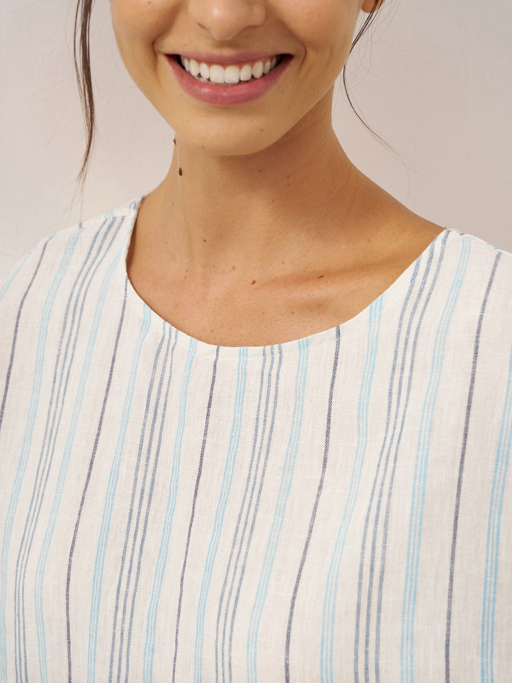 100% Linen Pleated Striped Pullover Top VIA