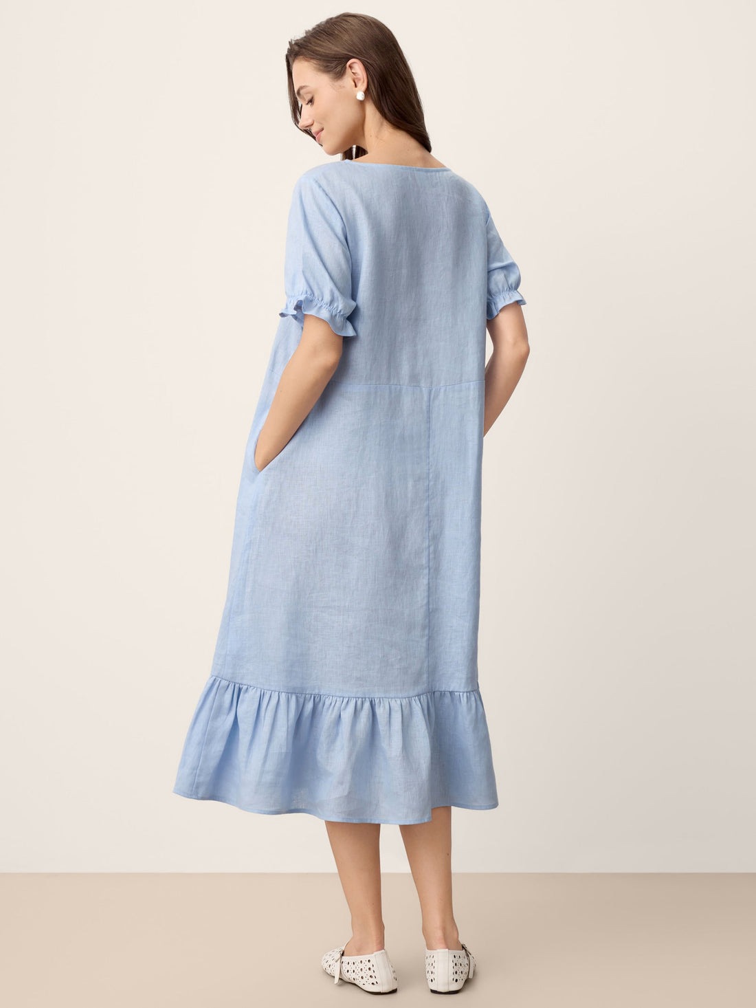 100% Linen Ruffle-Trim Belted Midi Dress LIVARA