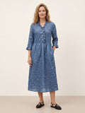 100% Linen Ruffle Placket A Line Midi Dress SAMARA