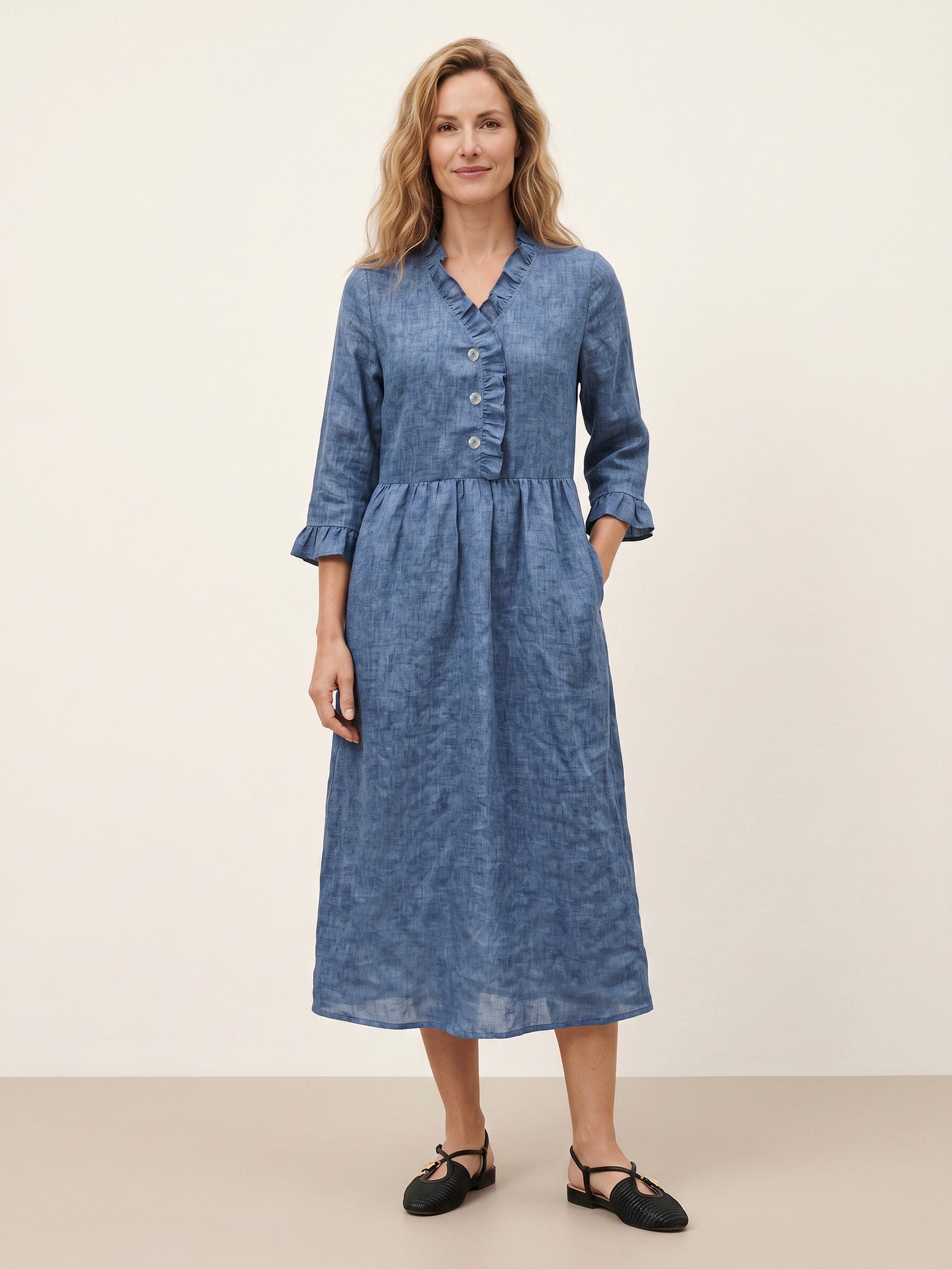 100% Linen Ruffle Placket A Line Midi Dress SAMARA