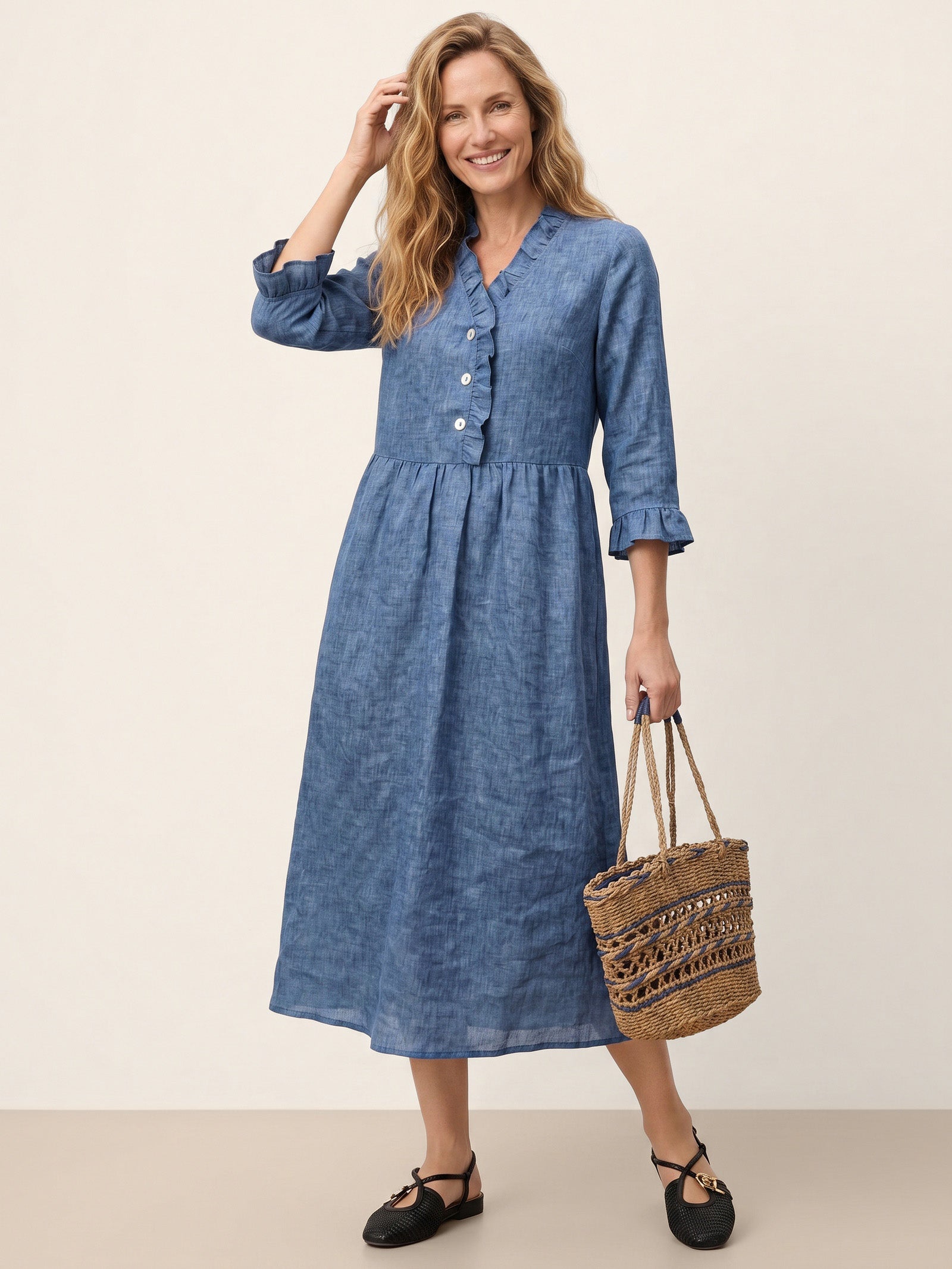 100% Linen Ruffle Placket A Line Midi Dress SAMARA
