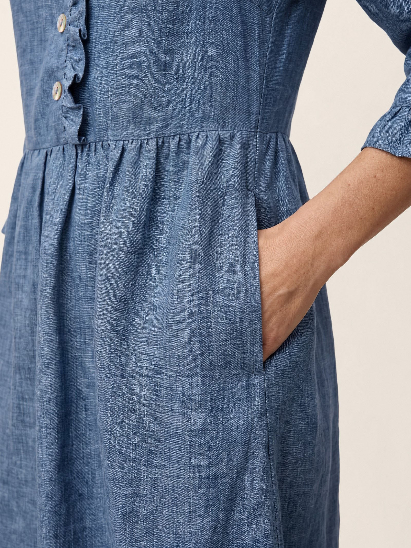 100% Linen Ruffle Placket A Line Midi Dress SAMARA