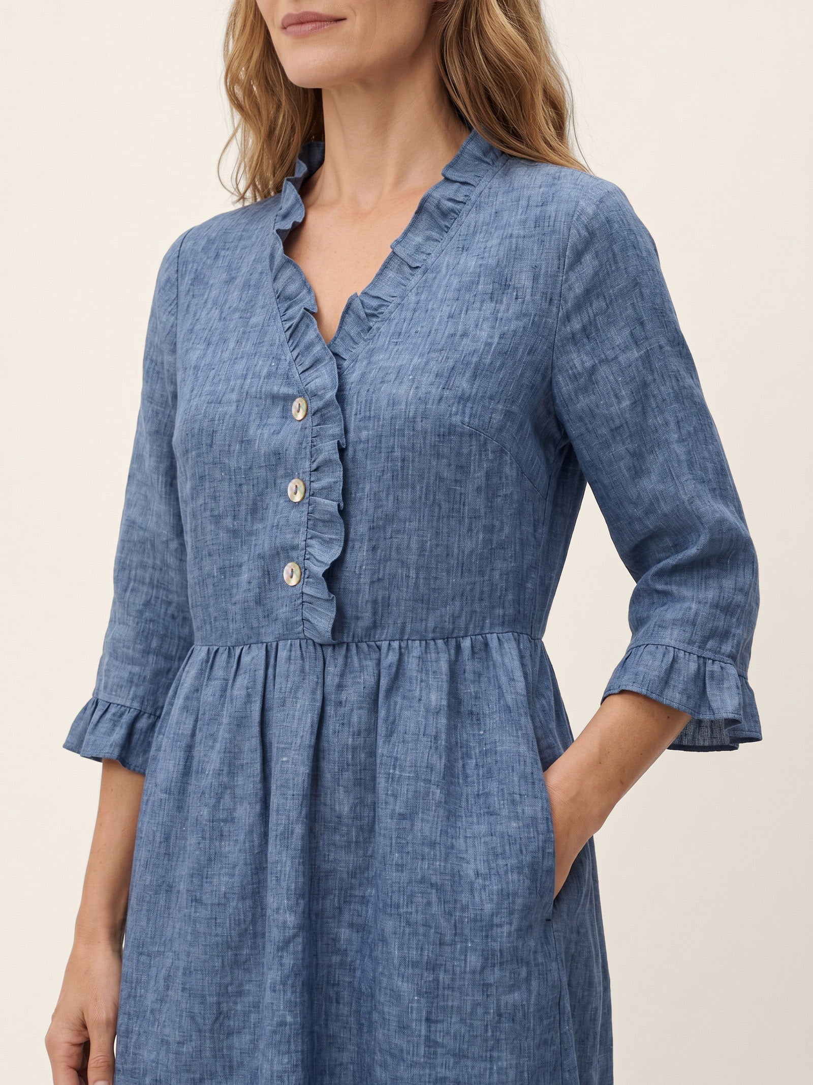 100% Linen Ruffle Placket A Line Midi Dress SAMARA