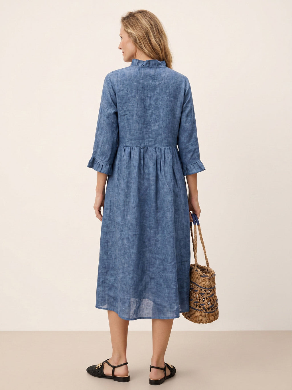 100% Linen Ruffle Placket A Line Midi Dress SAMARA