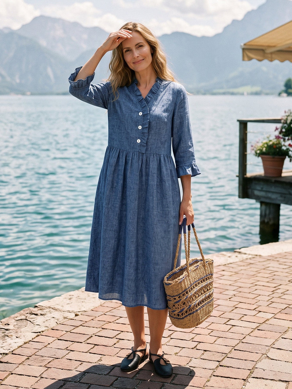100% Linen Ruffle Placket A Line Midi Dress SAMARA