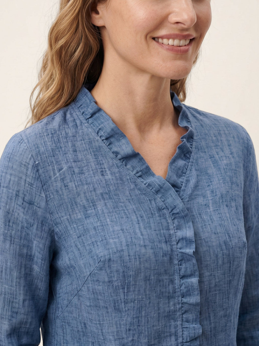 100% Linen Ruffle Placket V Neck Shirt RENATA