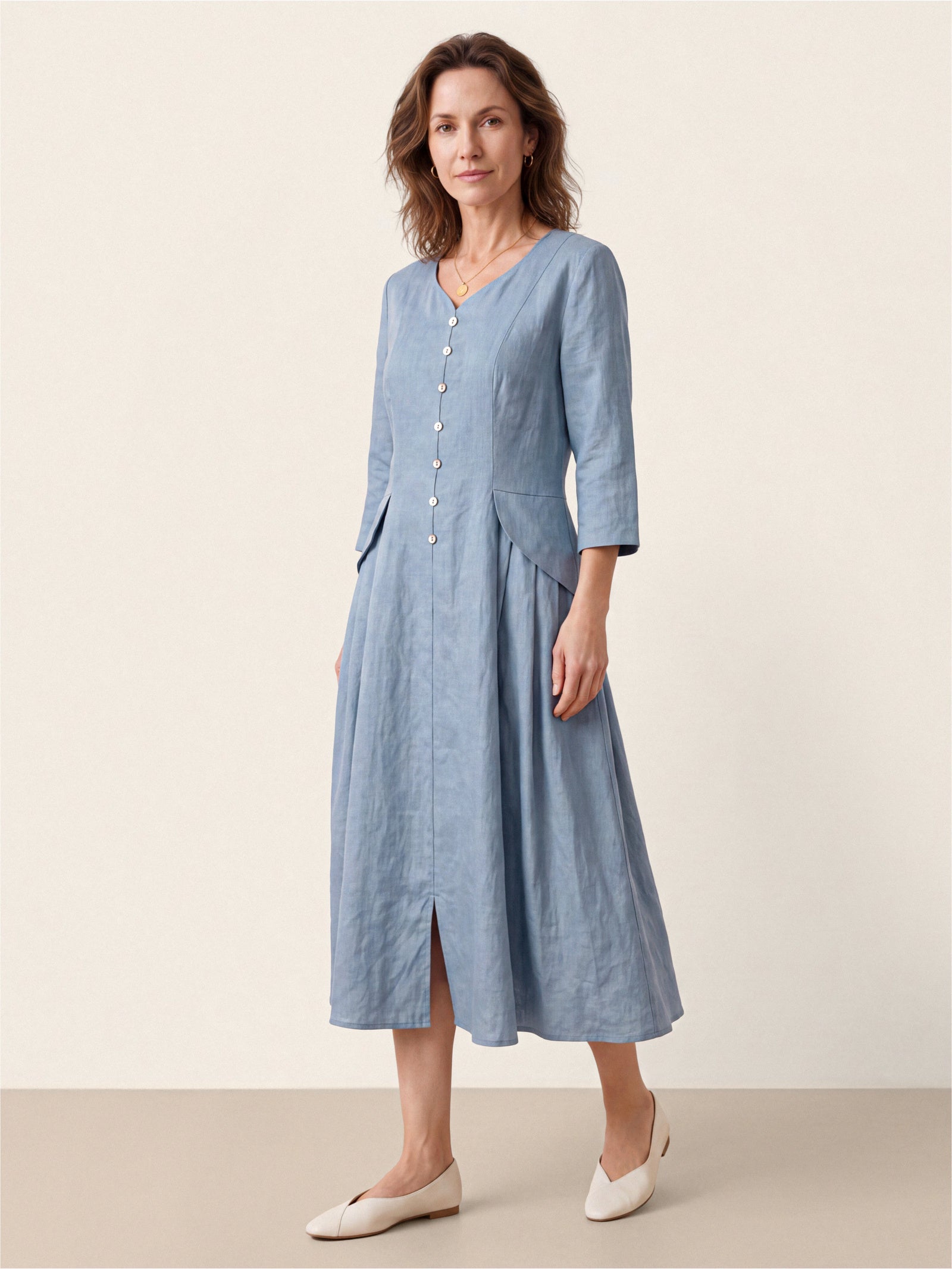 100% Linen Shell Button A Line Midi Dress ELIORA