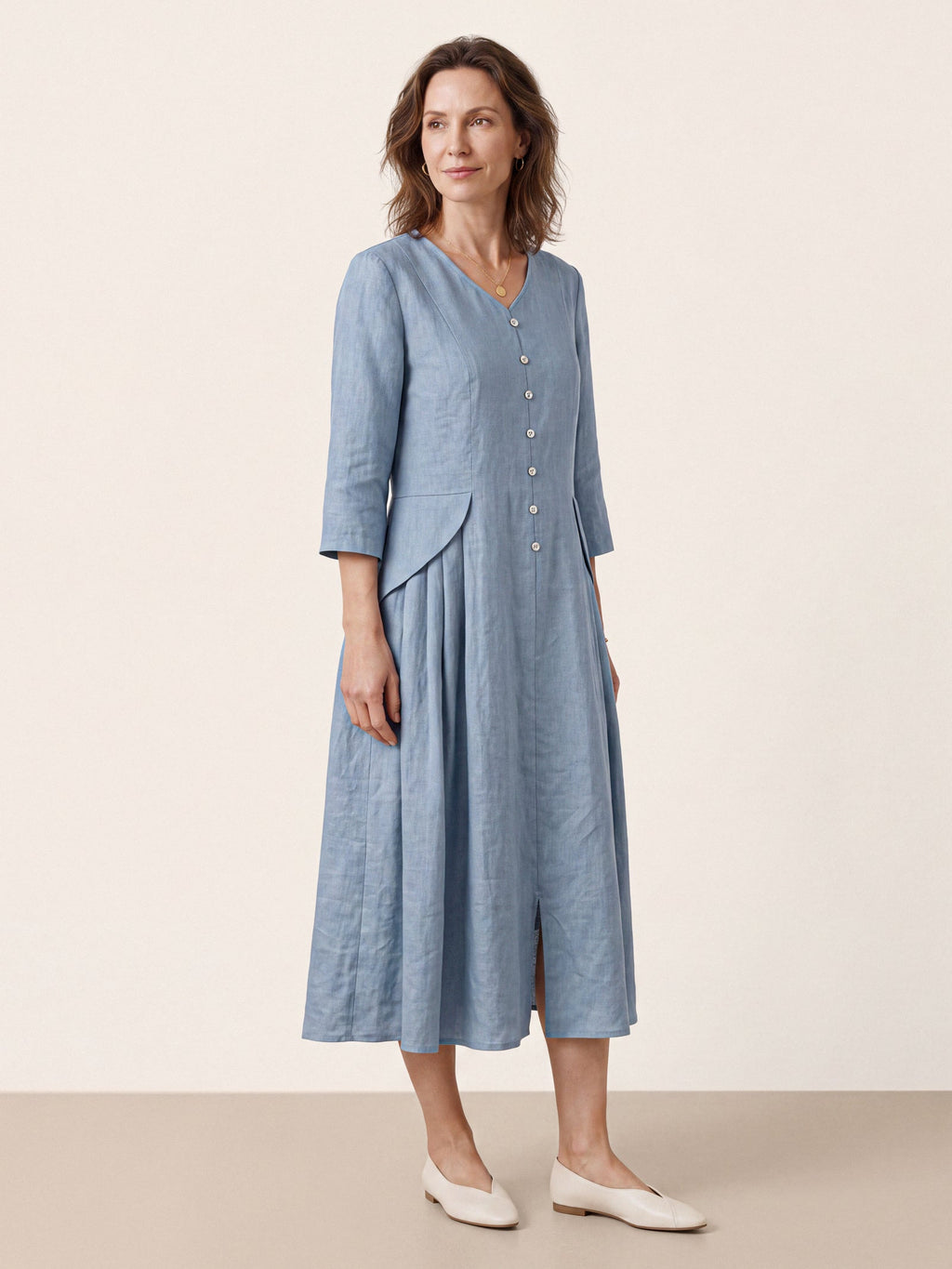 100% Linen Shell Button A Line Midi Dress ELIORA
