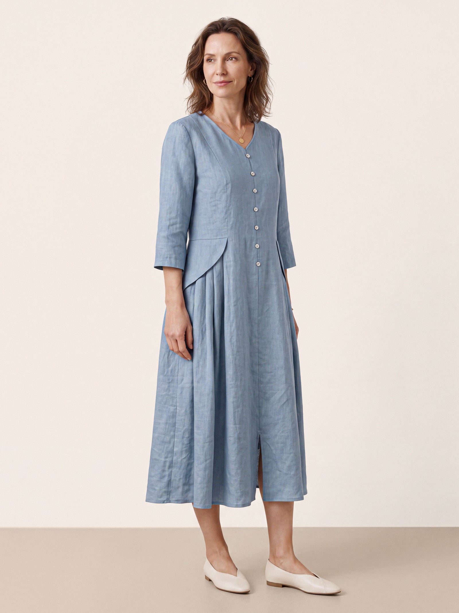 100% Linen Shell Button A Line Midi Dress ELIORA