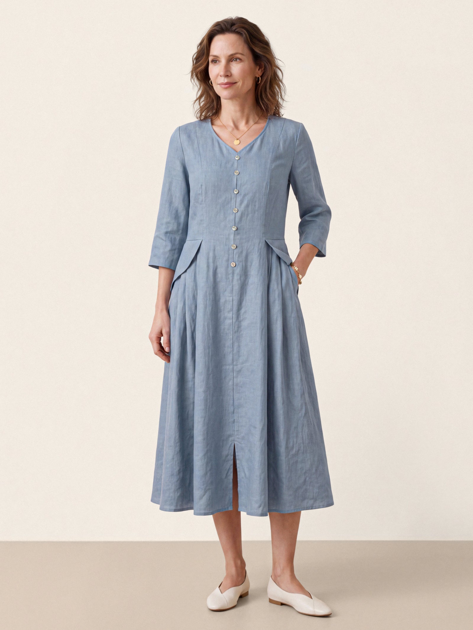 100% Linen Shell Button A Line Midi Dress ELIORA