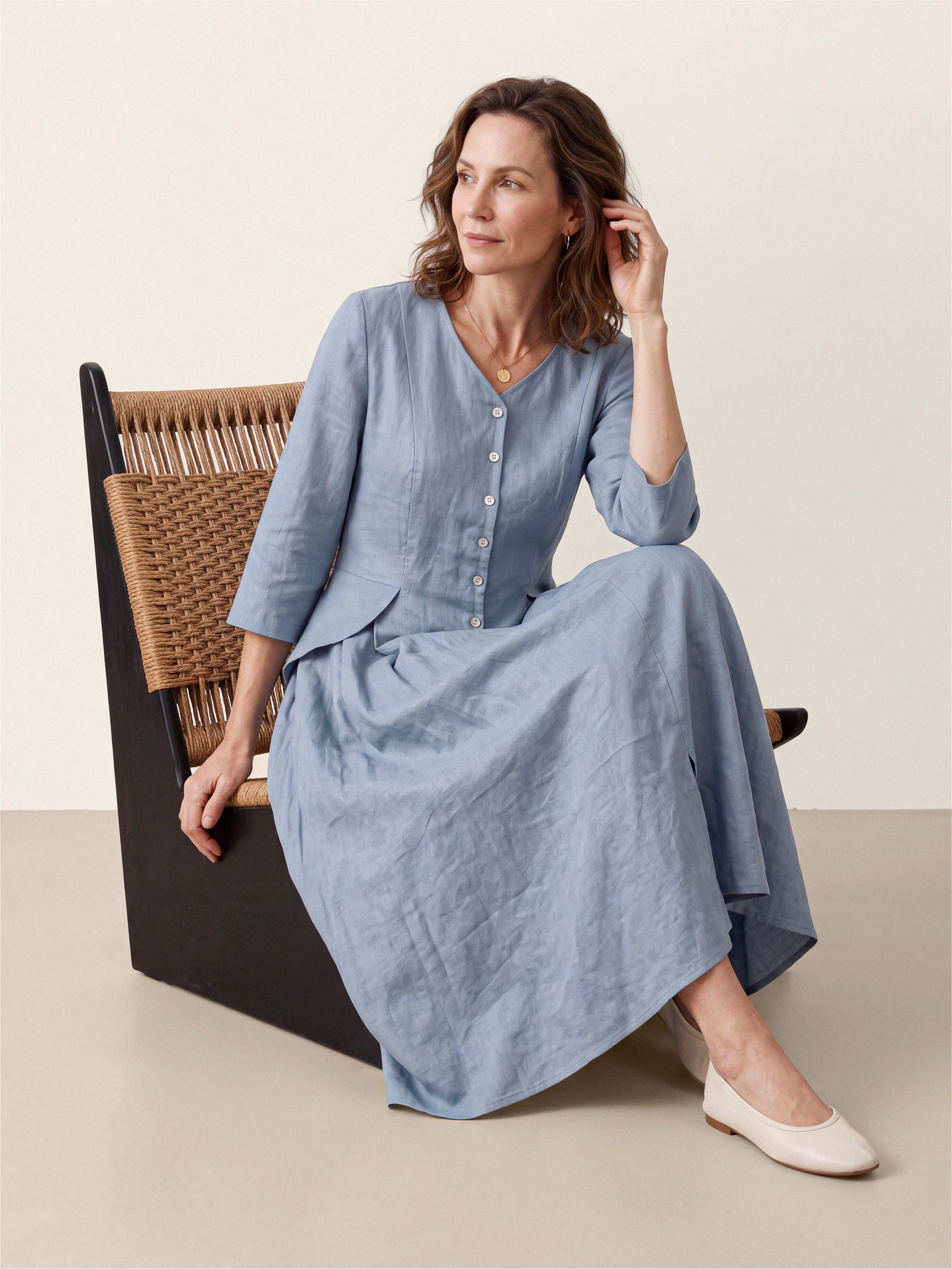 100% Linen Shell Button A Line Midi Dress ELIORA