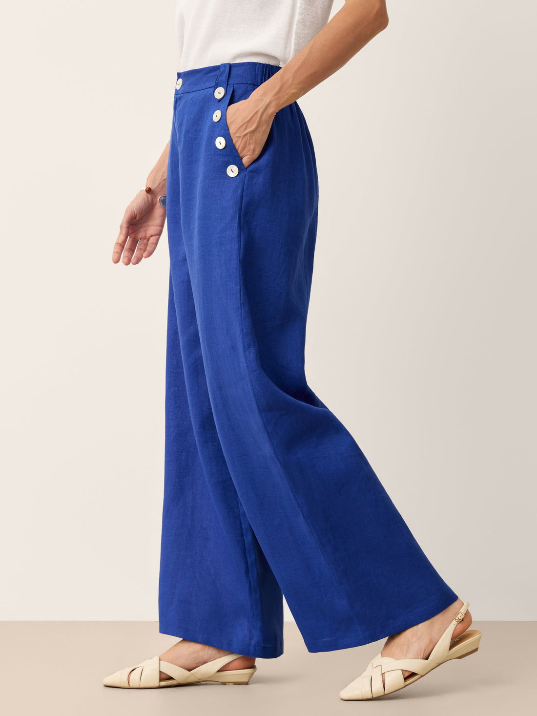 100% Linen Wide-Leg Pants with Shell Button Detail