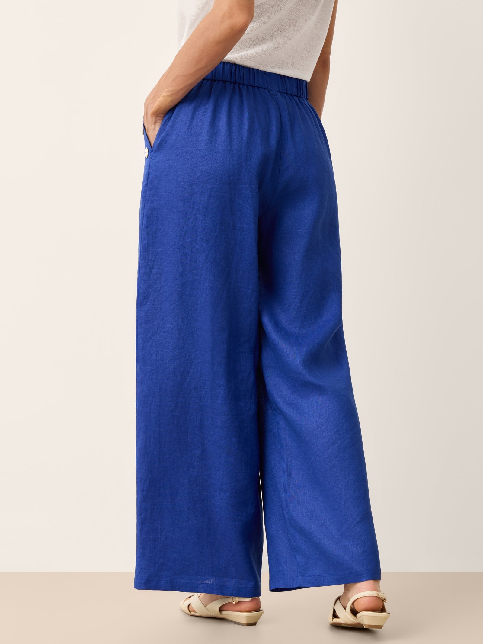 100% Linen Wide-Leg Pants with Shell Button Detail