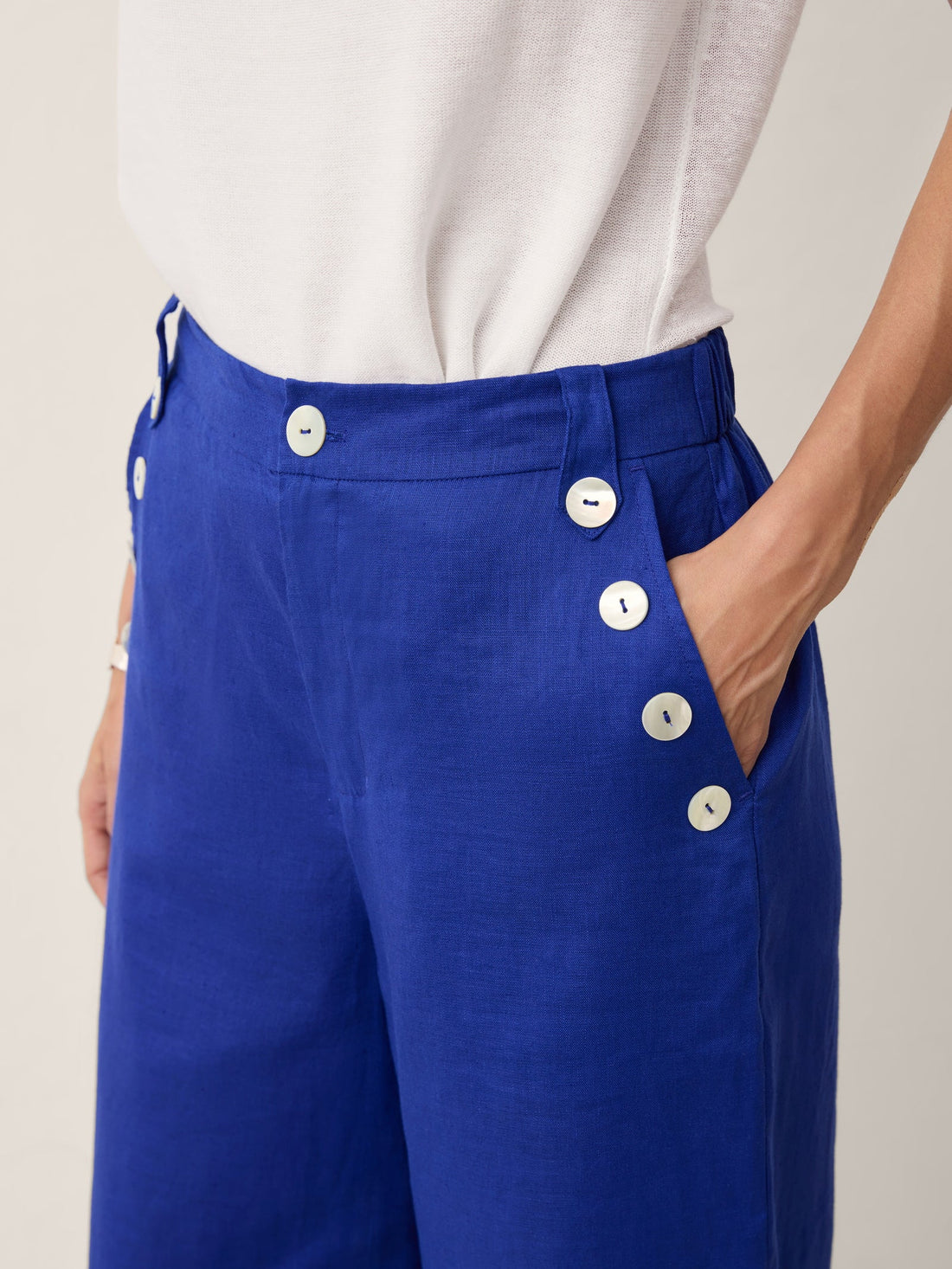100% Linen Wide-Leg Pants with Shell Button Detail