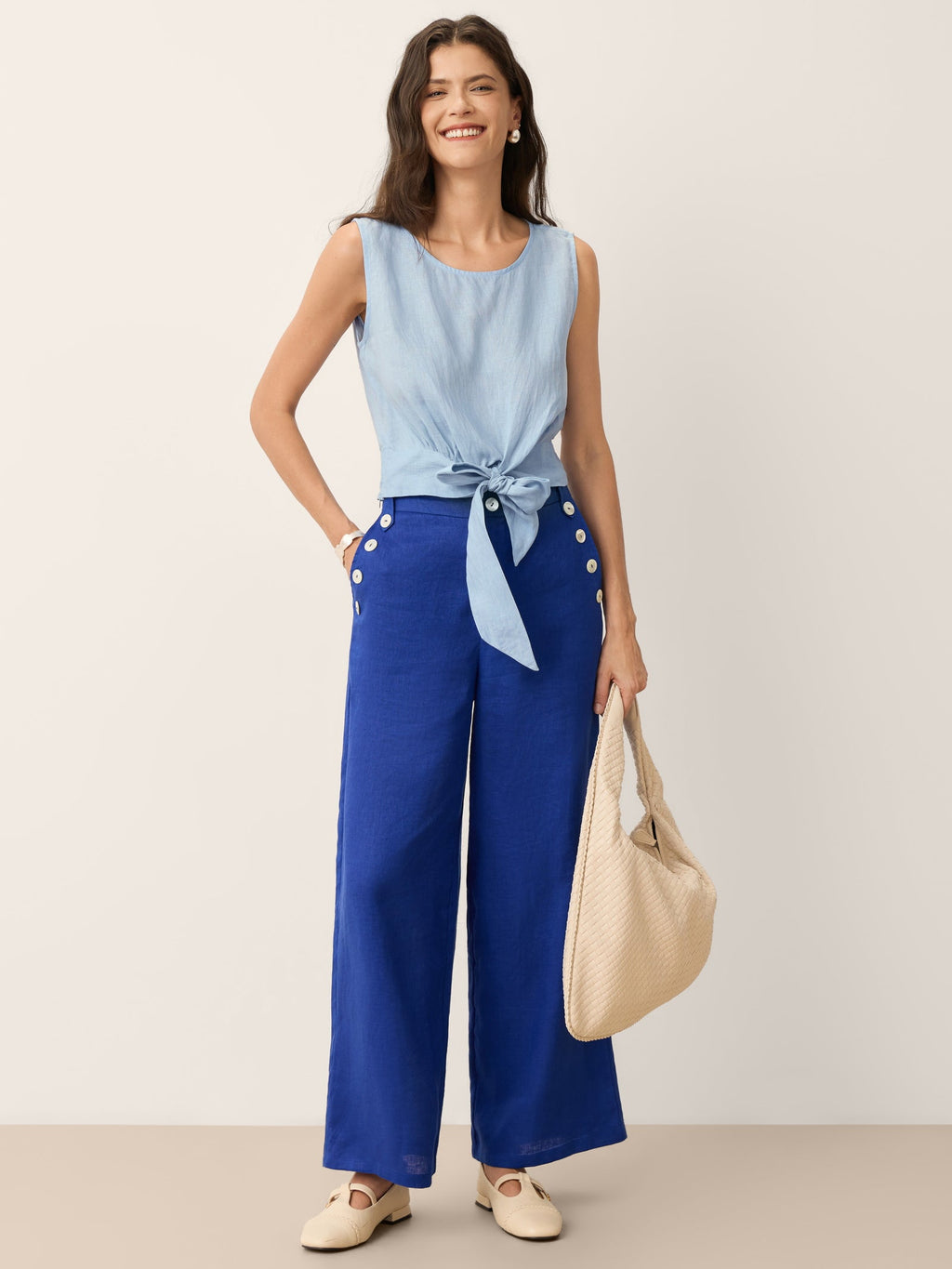 100% Linen Wide-Leg Pants with Shell Button Detail