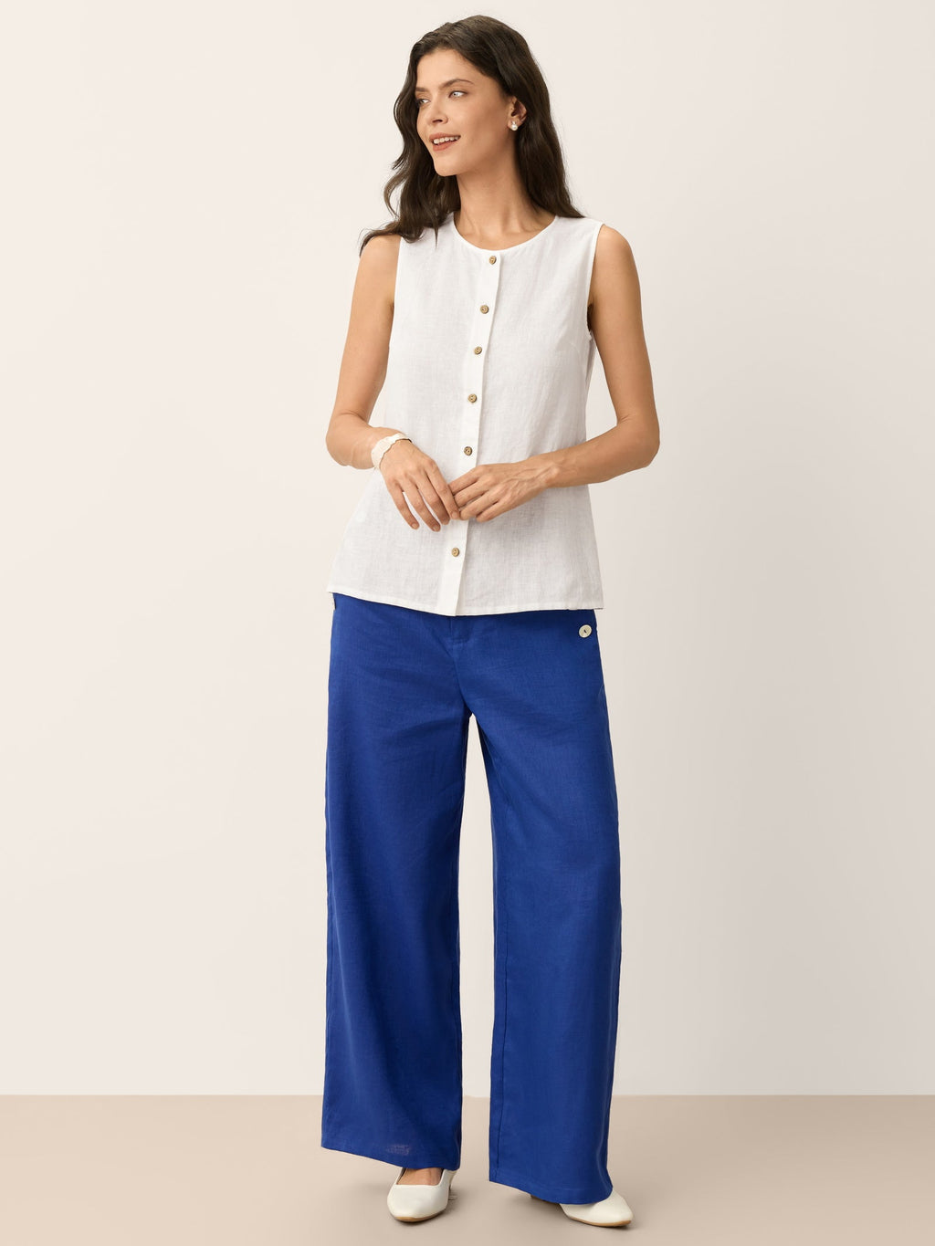 100% Linen Wide-Leg Pants with Shell Button Detail