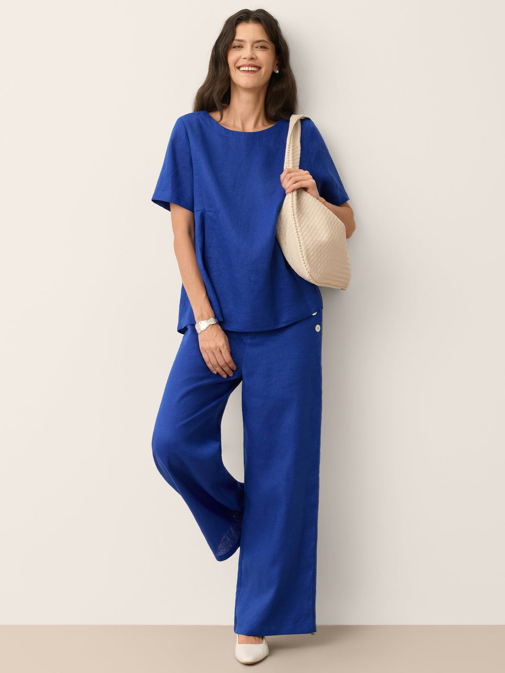 100% Linen Wide-Leg Pants with Shell Button Detail