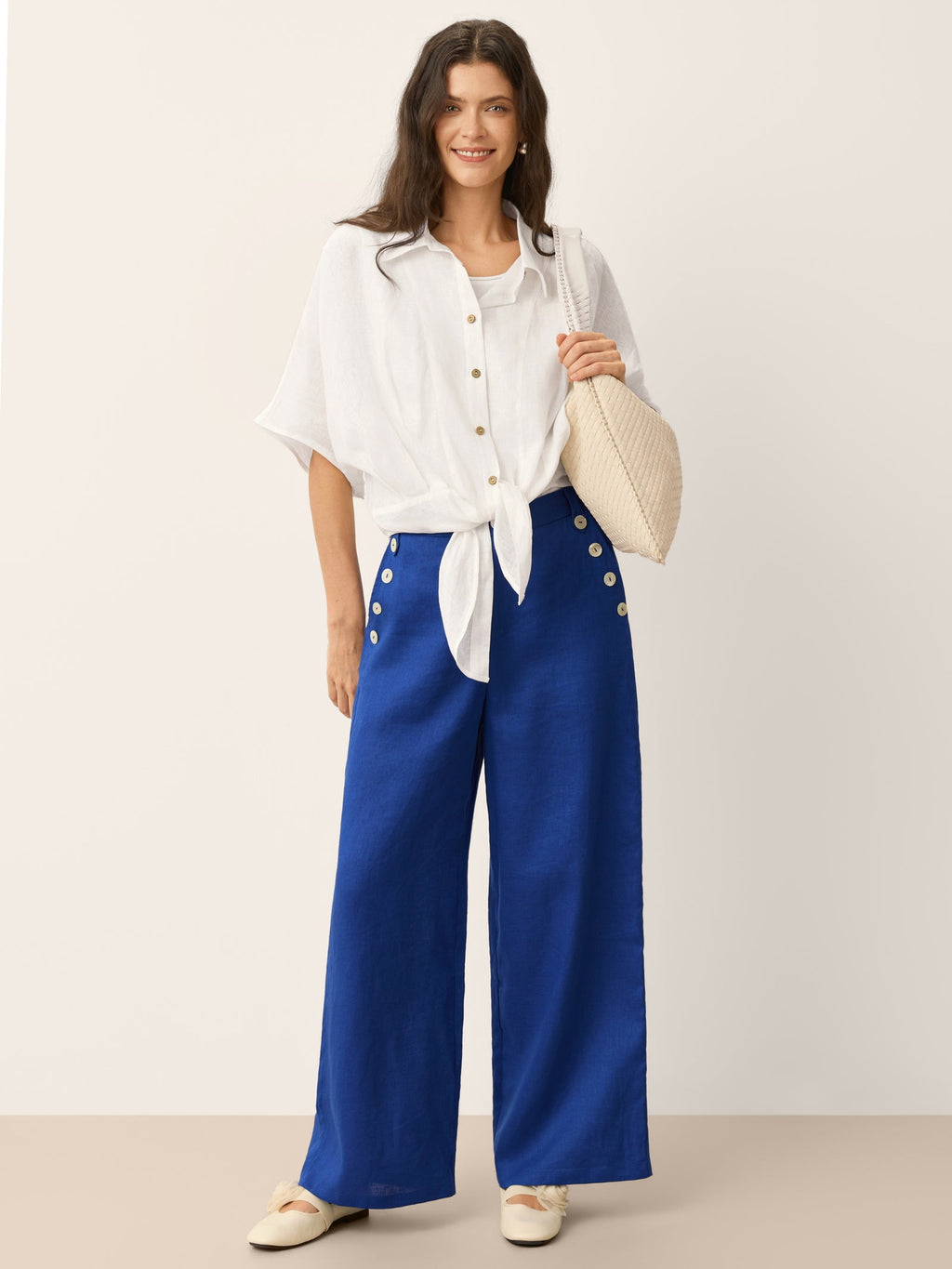 100% Linen Wide-Leg Pants with Shell Button Detail