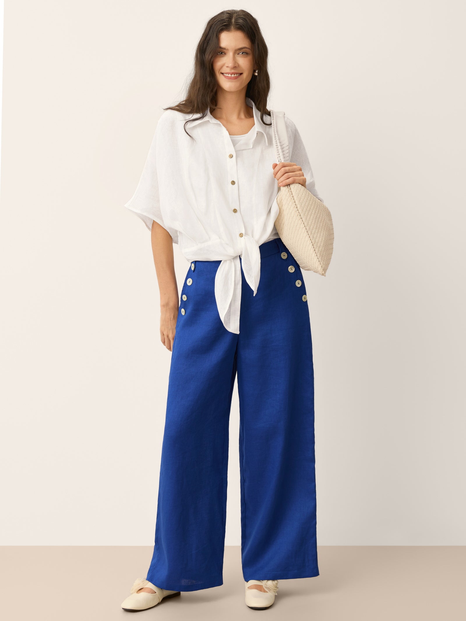100% Linen Wide-Leg Pants with Shell Button Detail