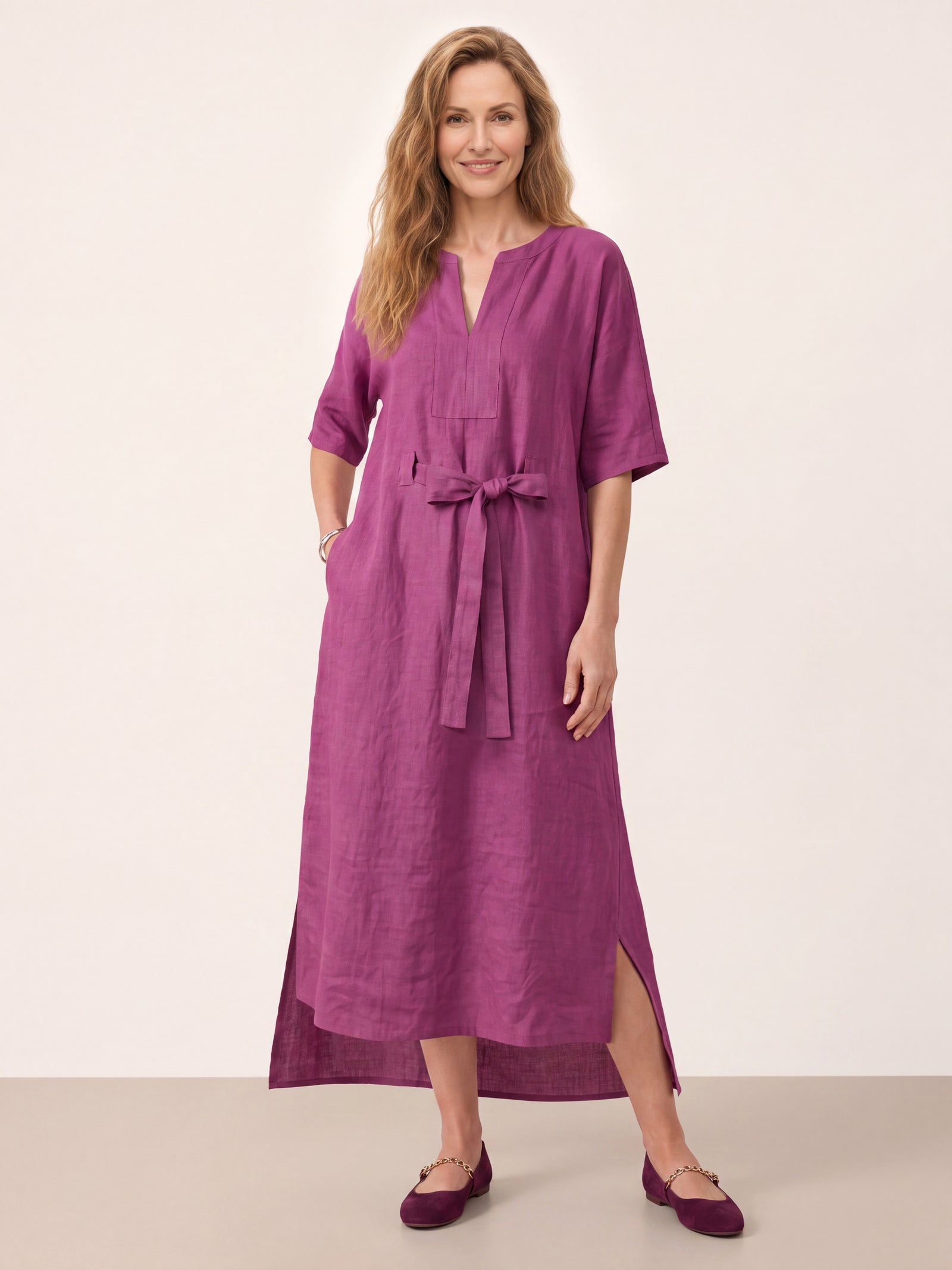 100% Linen Side Tie Cocoon Midi Dress SOLENE